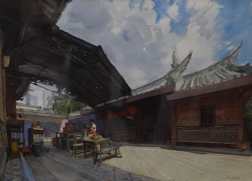 John Newberry ARWS (b.1934), watercolour, 'Interior, Thian Hock Keng Temple, Singapore', signed, details verso, 22 x 30cm. Condition - good